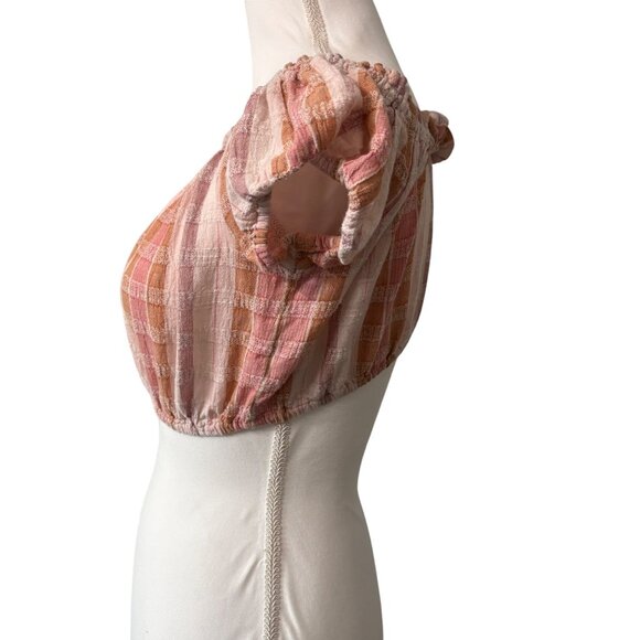 Aerie Pink & Orange Plaid Off-Shoulder Crop Top Elastic Hem & Sleeves Womens S - Picture 2 of 10